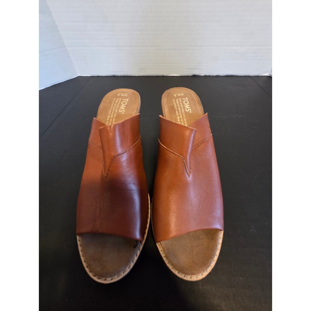 TOMS Harper Tan Leather Peep Toe Wedge Mules Block Heel Sandals Womens 6.5